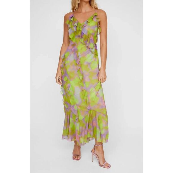 NASTY GAL Maxi Dress Size 2 Acid Lime Blurred Floral Ruffle Frill Sleeveless NEW - Picture 1 of 14
